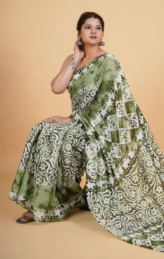 Buy green batik printed saree 