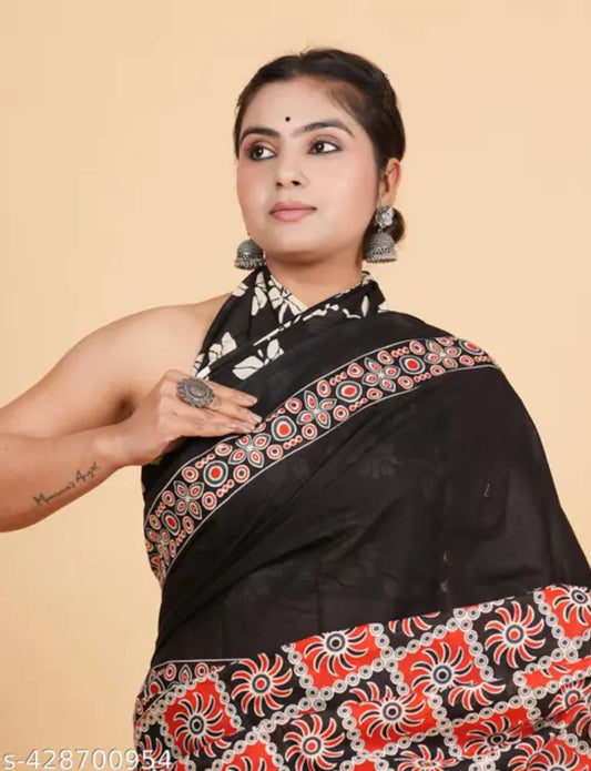 Buy Black Ajrakh cotton saree