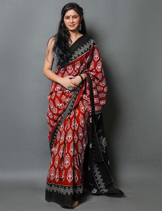 Mahroon Ajrakh mul cotton saree