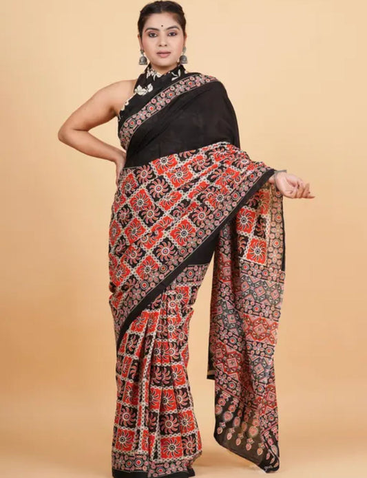 Buy Black Ajrakh cotton saree