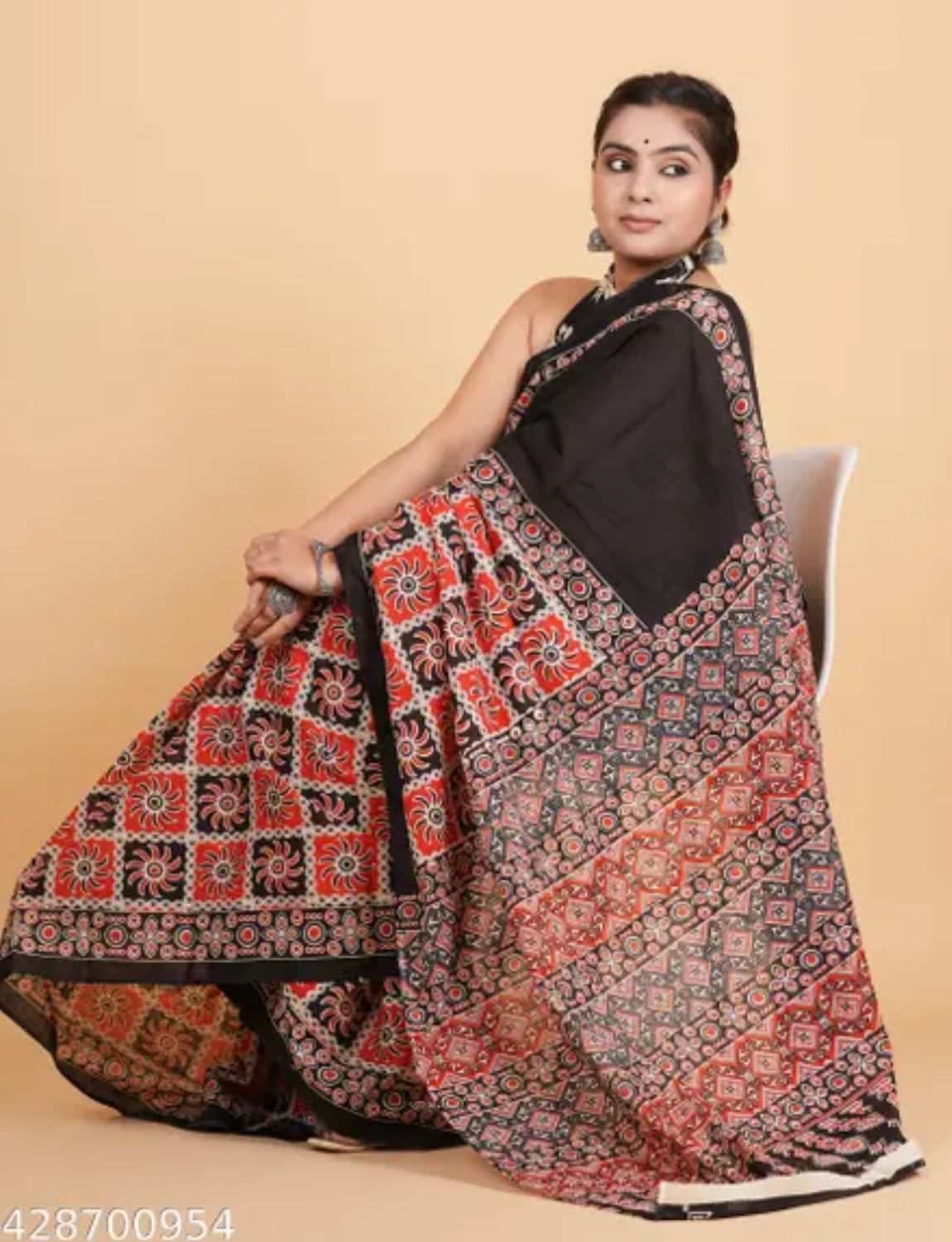 Buy Black Ajrakh cotton saree