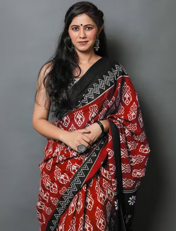 Mahroon Ajrakh mul cotton saree