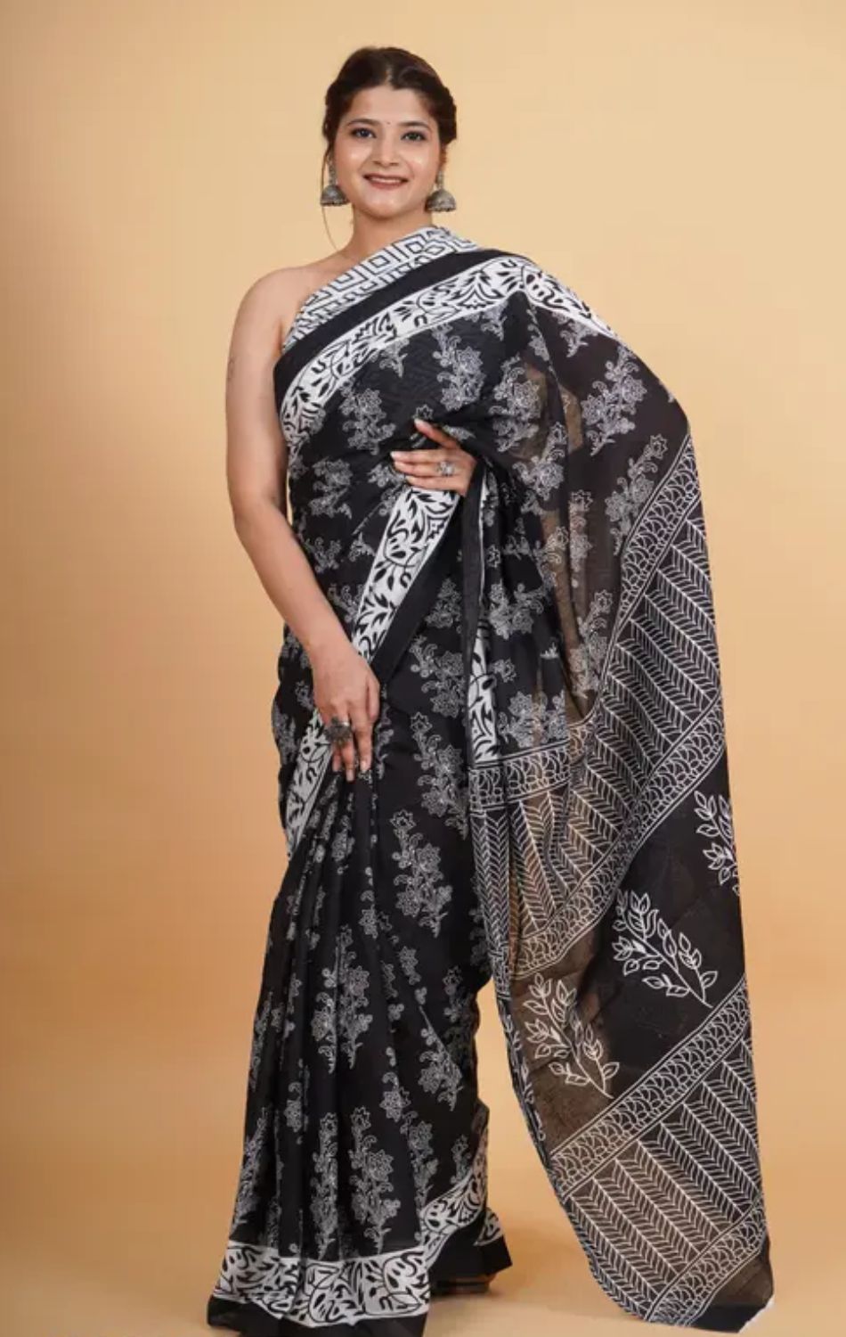 Buy White Buta Ajrakh Cotton Saree