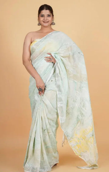 Pista Linen printed Saree