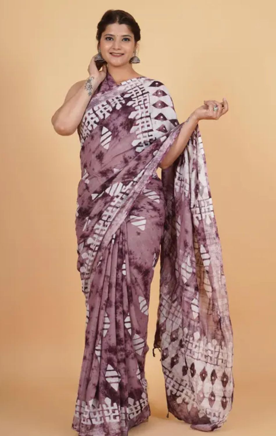 Brown batik printed saree