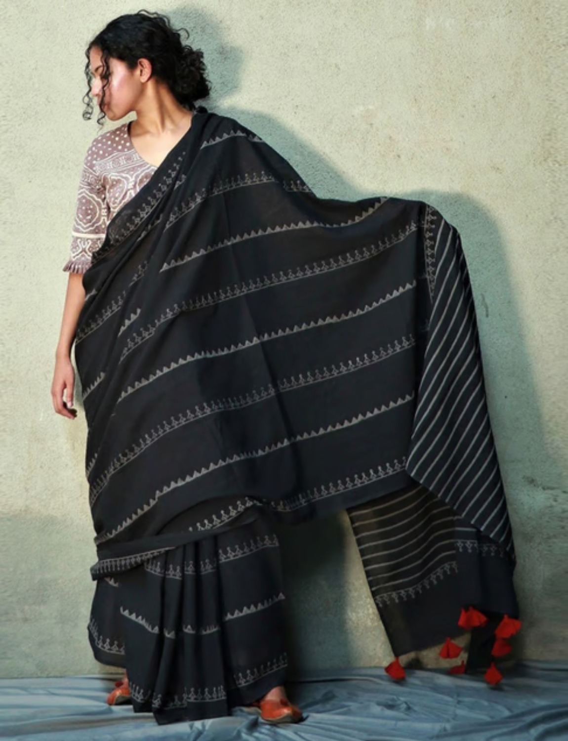 Buy Black Block print saree