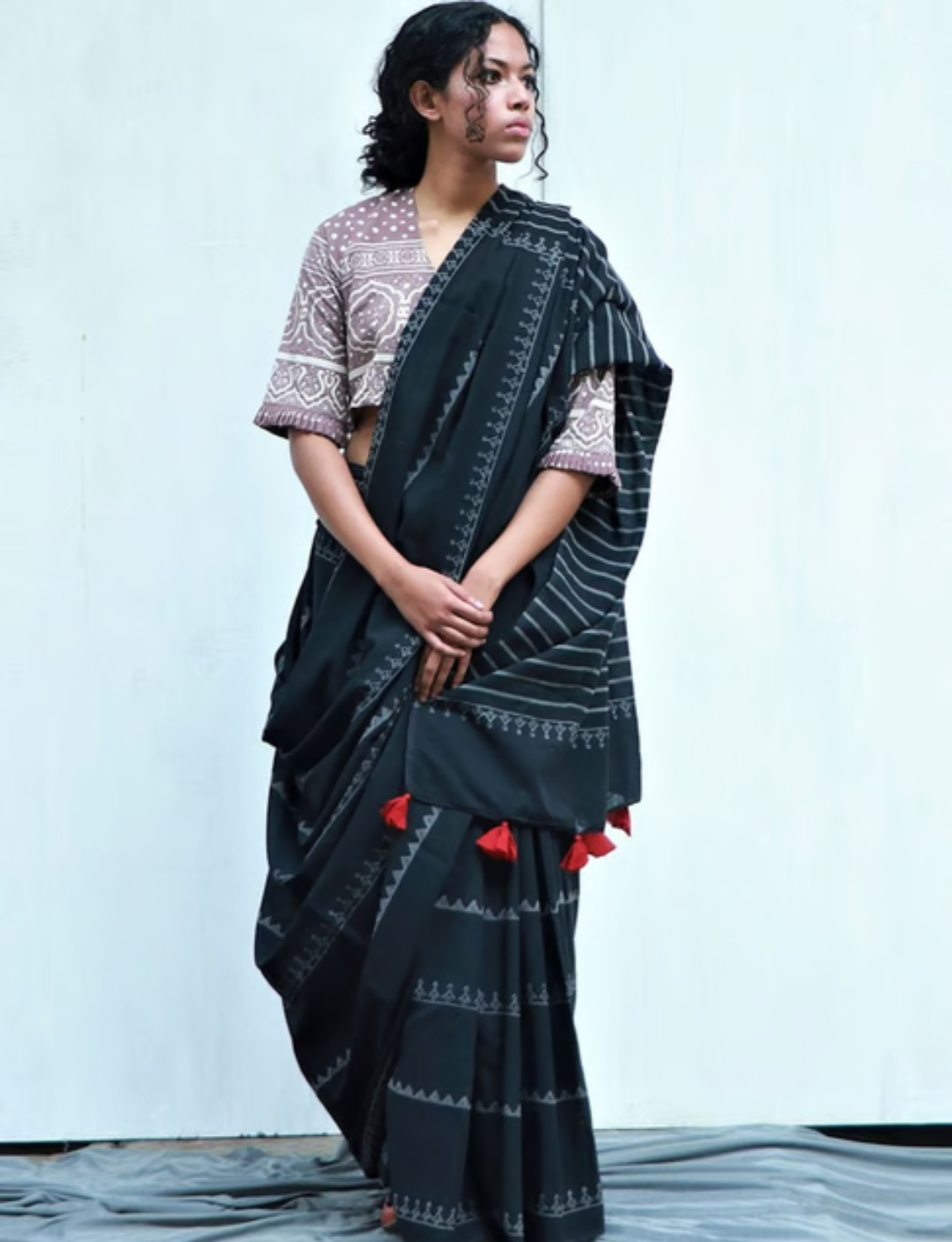 Buy Black Block print saree