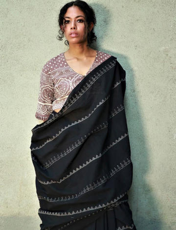 Buy Black Block print saree