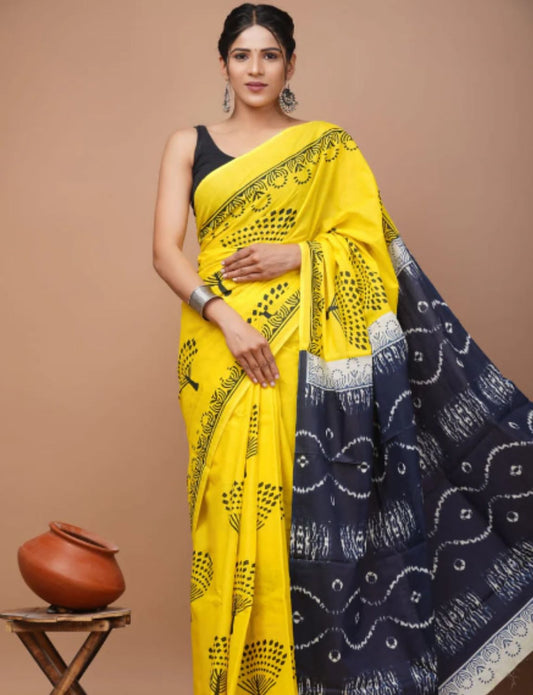 Buy Yellow Batik printed saree