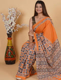 Orange ajrakh printed saree