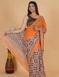 Orange ajrakh printed saree