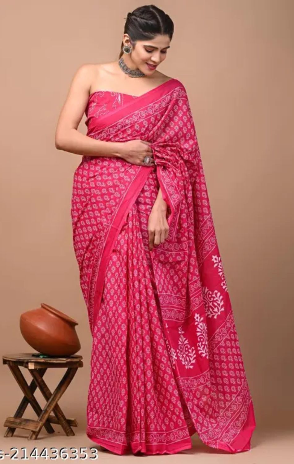 Pink cotton printed saree