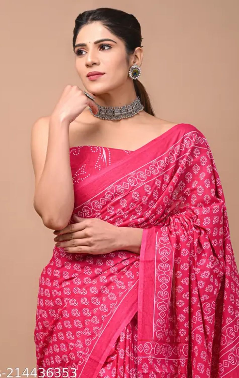 Pink cotton printed saree