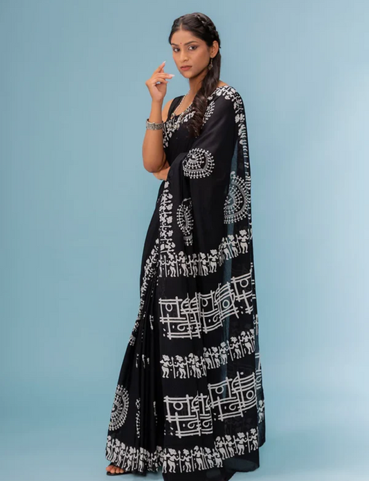 Adivasi Ajrakh black saree