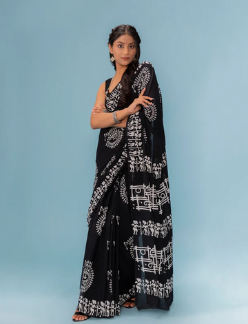 Adivasi Ajrakh black saree