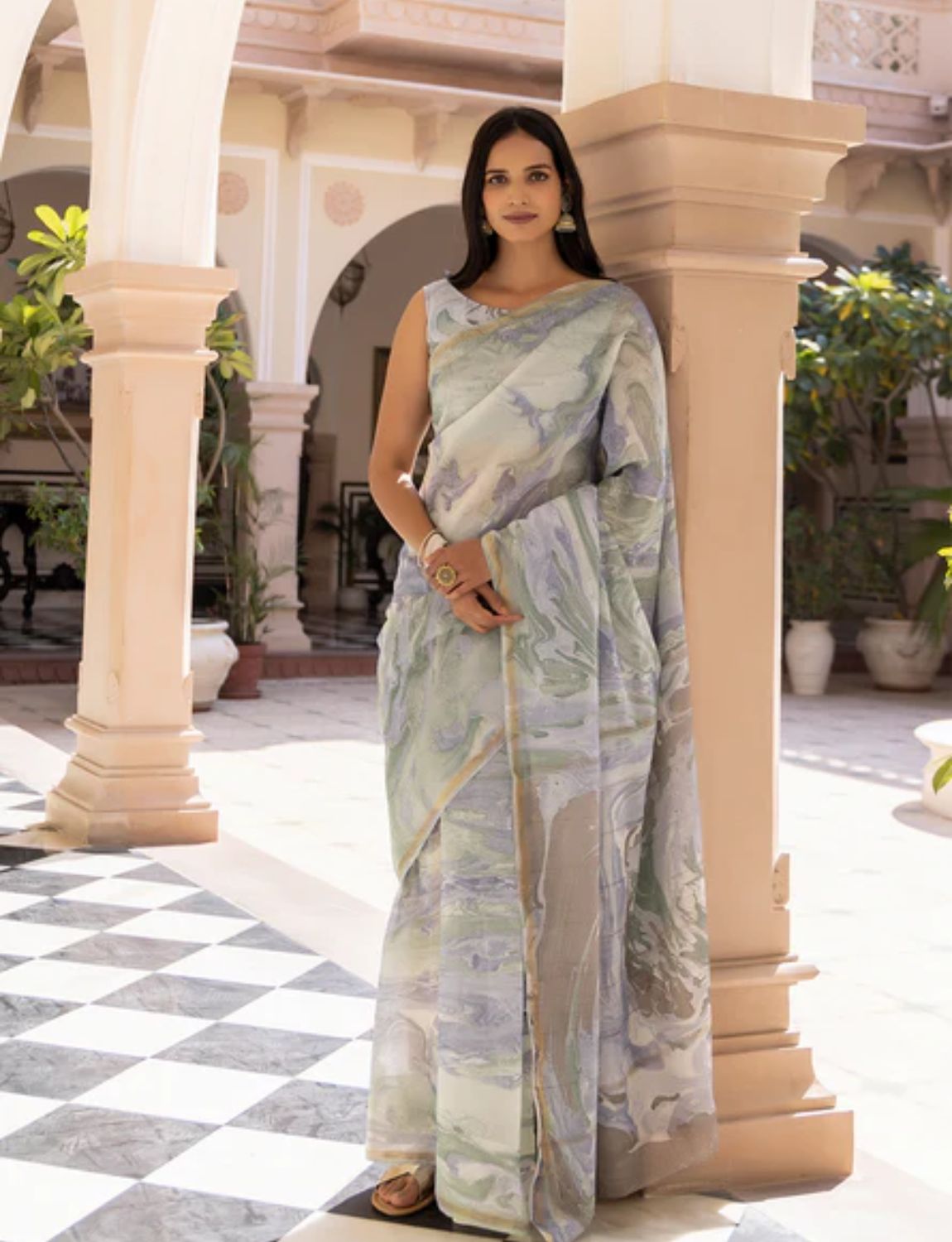 Grey marble print cotton saree