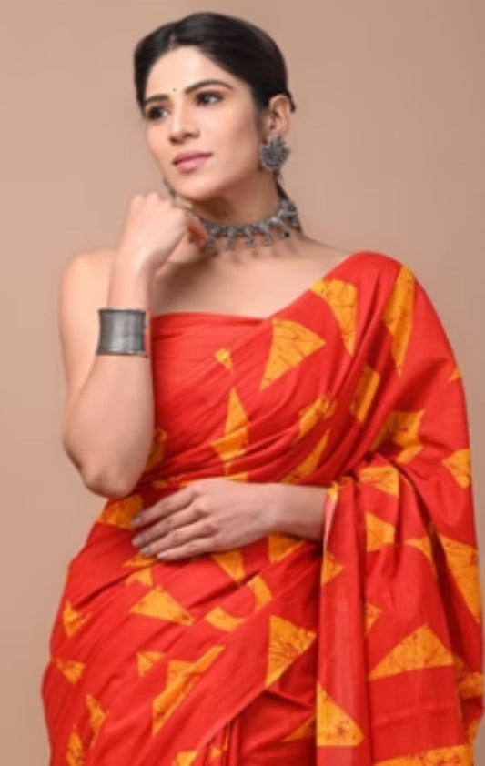 Orange malmal cotton saree