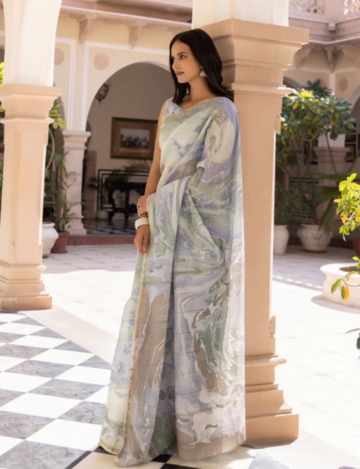 Grey marble print cotton saree