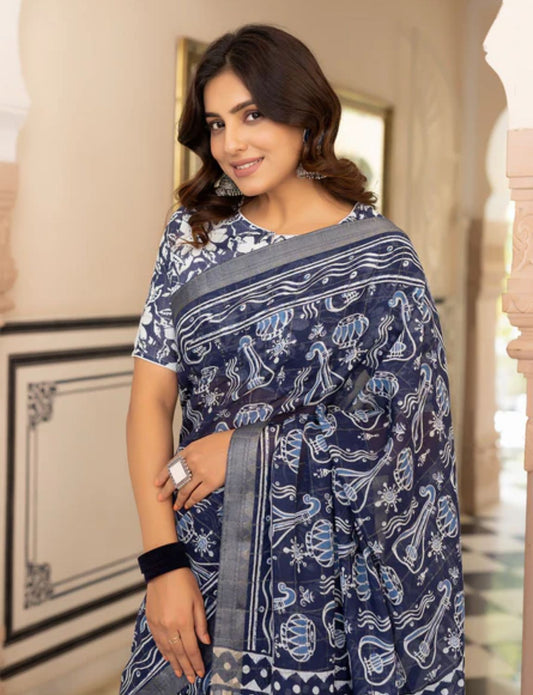 Blue indigo cotton saree