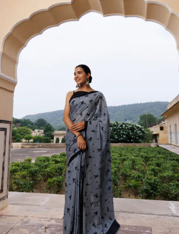 Buy grey malmal cotton saree