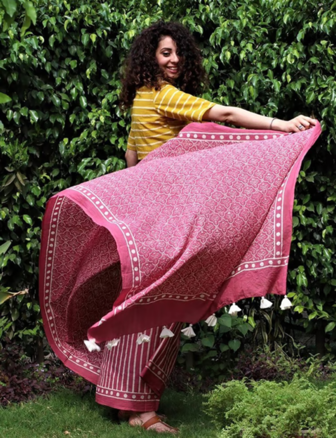 Pink block print saree