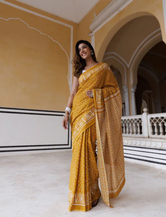 Yellow ikkat cotton saree