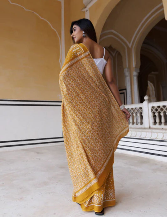 Yellow ikkat cotton saree