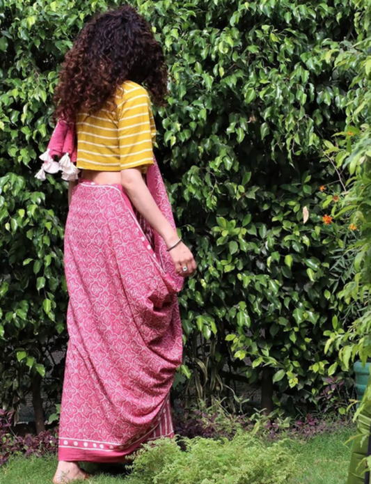 Pink block print saree