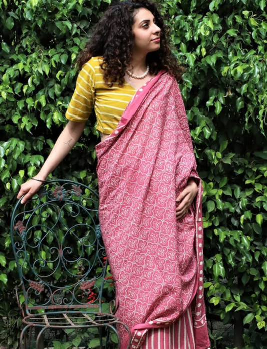 Pink block print saree