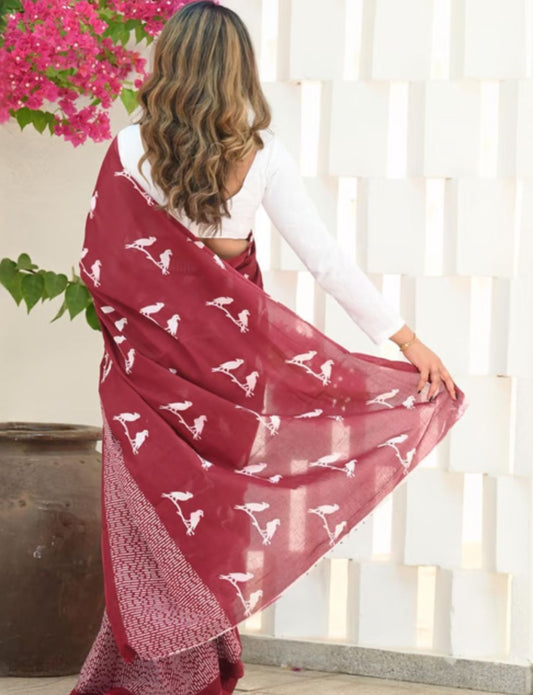 Maron Sparrow  Mulmul Saree