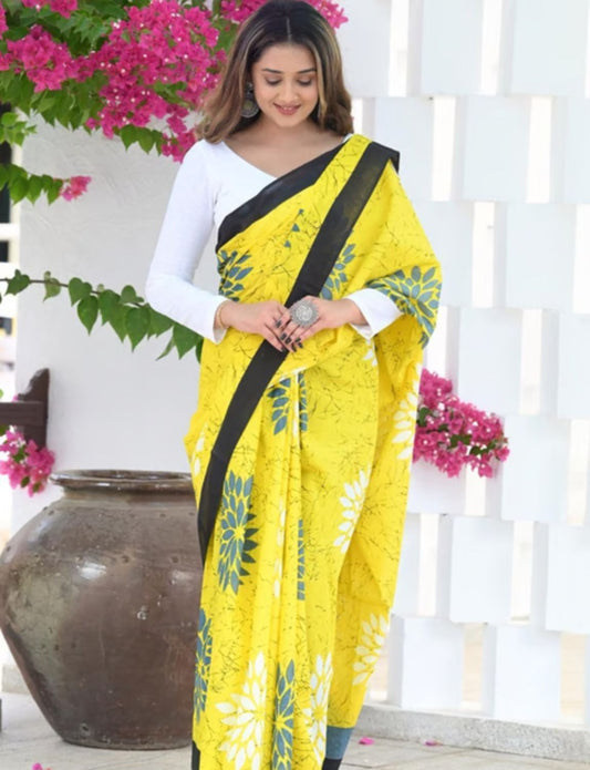 Yellow pure cotton saree