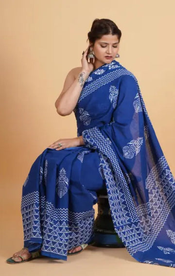 Blue Ajrakh cotton saree