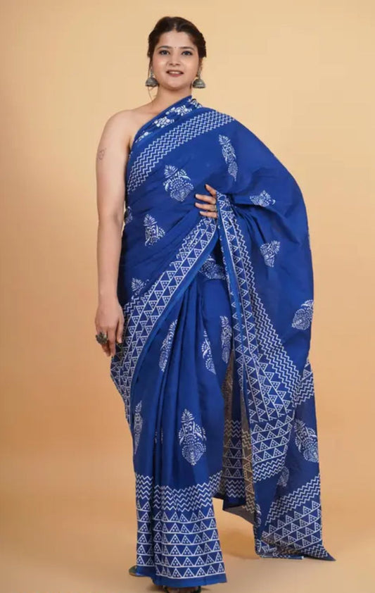 Blue Ajrakh cotton saree