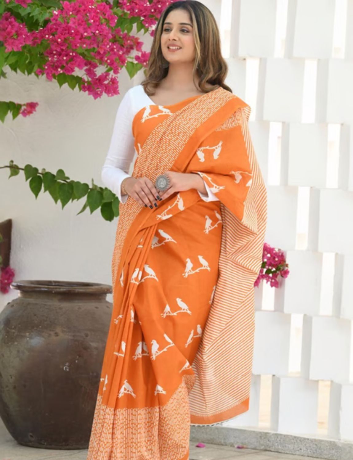 orange mulmul saree